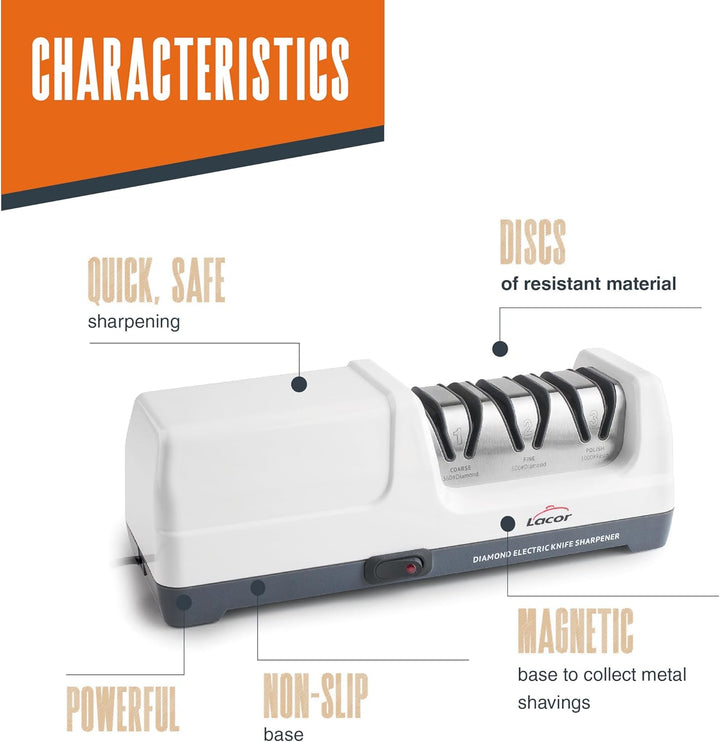 Lacor - 69432 - Drei Messerschärfer, elektrisch 18 W, 3 Stufen, mit Diamantscheiben, Für Stahl- und