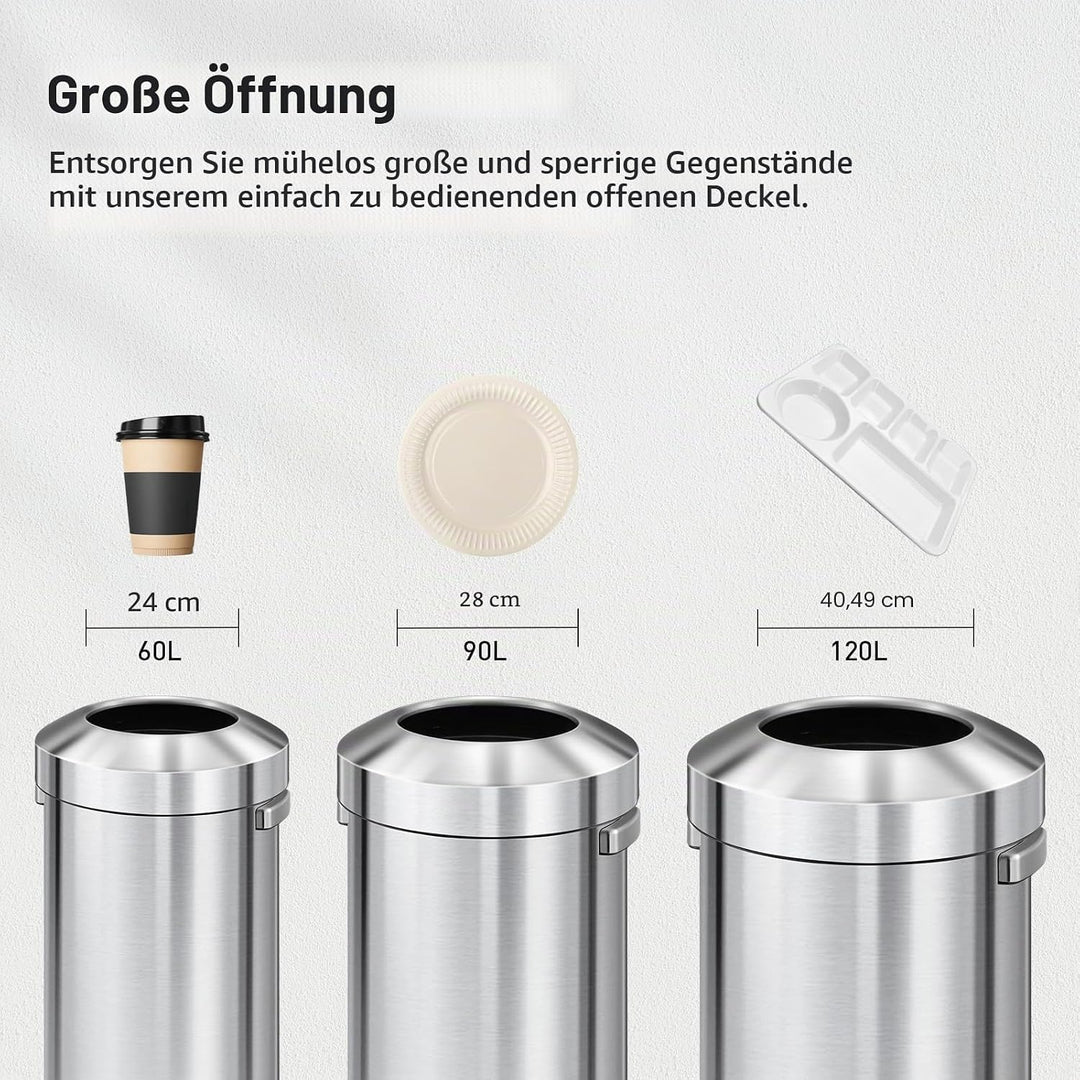 EKO Urban 24 Gallonen runder Edelstahl-Mülleimer mit offenem Deckel, hoher kommerzieller Mülleimer f
