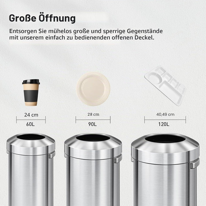 EKO Urban 24 Gallonen runder Edelstahl-Mülleimer mit offenem Deckel, hoher kommerzieller Mülleimer f