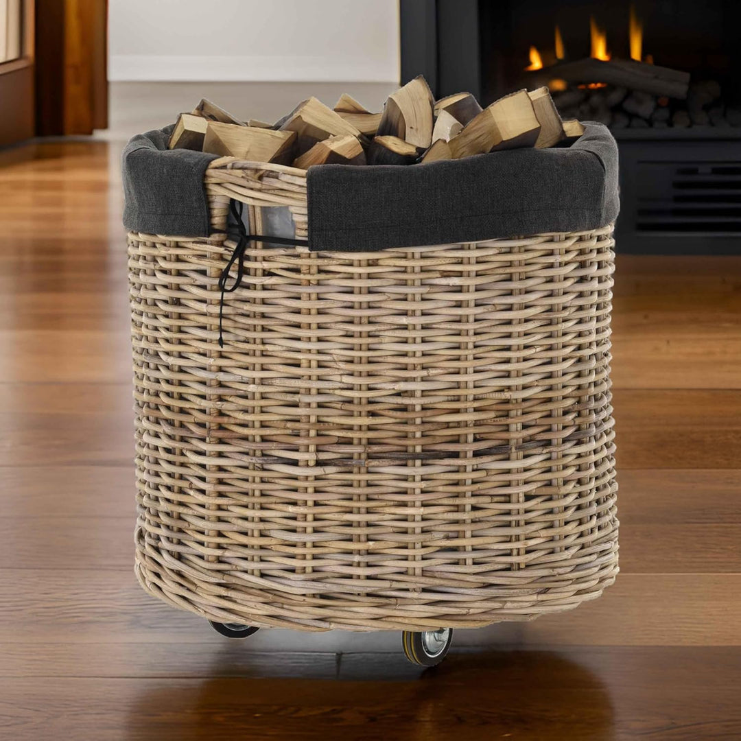 Grosser Rollkorb mit Griffen/Holzkorb mit Rollen aus grauem Natur Rattan/Aufbewahrung Holz-Wagen Räd