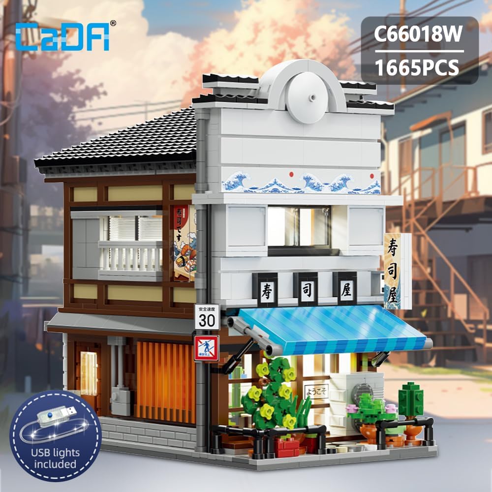 CaDA Master Japanisches Sushi-Haus Bausteinset C66018W Kreativer Stadtbaustein-Bausatz mit Beleuchtu