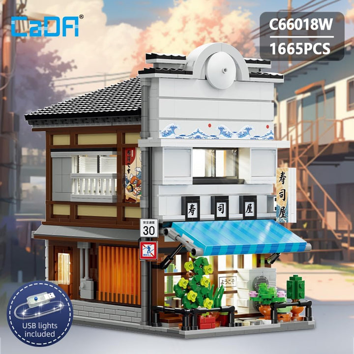 CaDA Master Japanisches Sushi-Haus Bausteinset C66018W Kreativer Stadtbaustein-Bausatz mit Beleuchtu