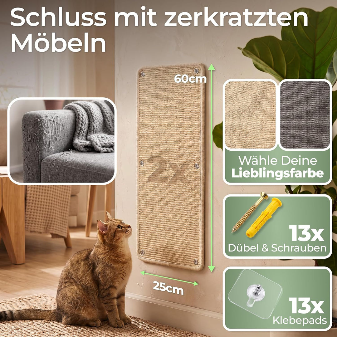 WOOWOOD Kratzmatte Katze für Wand 2er Set, 60x25 cm, Sisal, Beige-Natur | Sisal, 2er Set je 60x25 cm