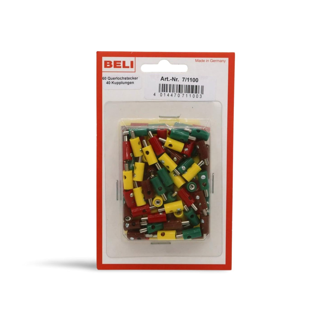 BELI-BECO 7/1100 Blister mit 60 Querlochsteckern und 40 Kupplungen - Miniatur-Bananenstecker - mit S