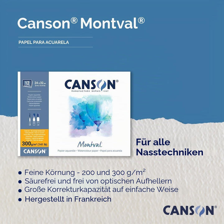 Canson 200807353 AQ Montval fein Aquarelle, 200 g/qm, 100 Blatt pro Block "an der langen Seite gelei