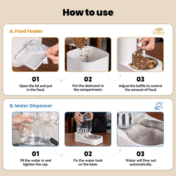 JUNSPOW Automatischer Katzenfutterspender Hund Wassernapfspender Set mit Edelstahlnapf, Einstellbare