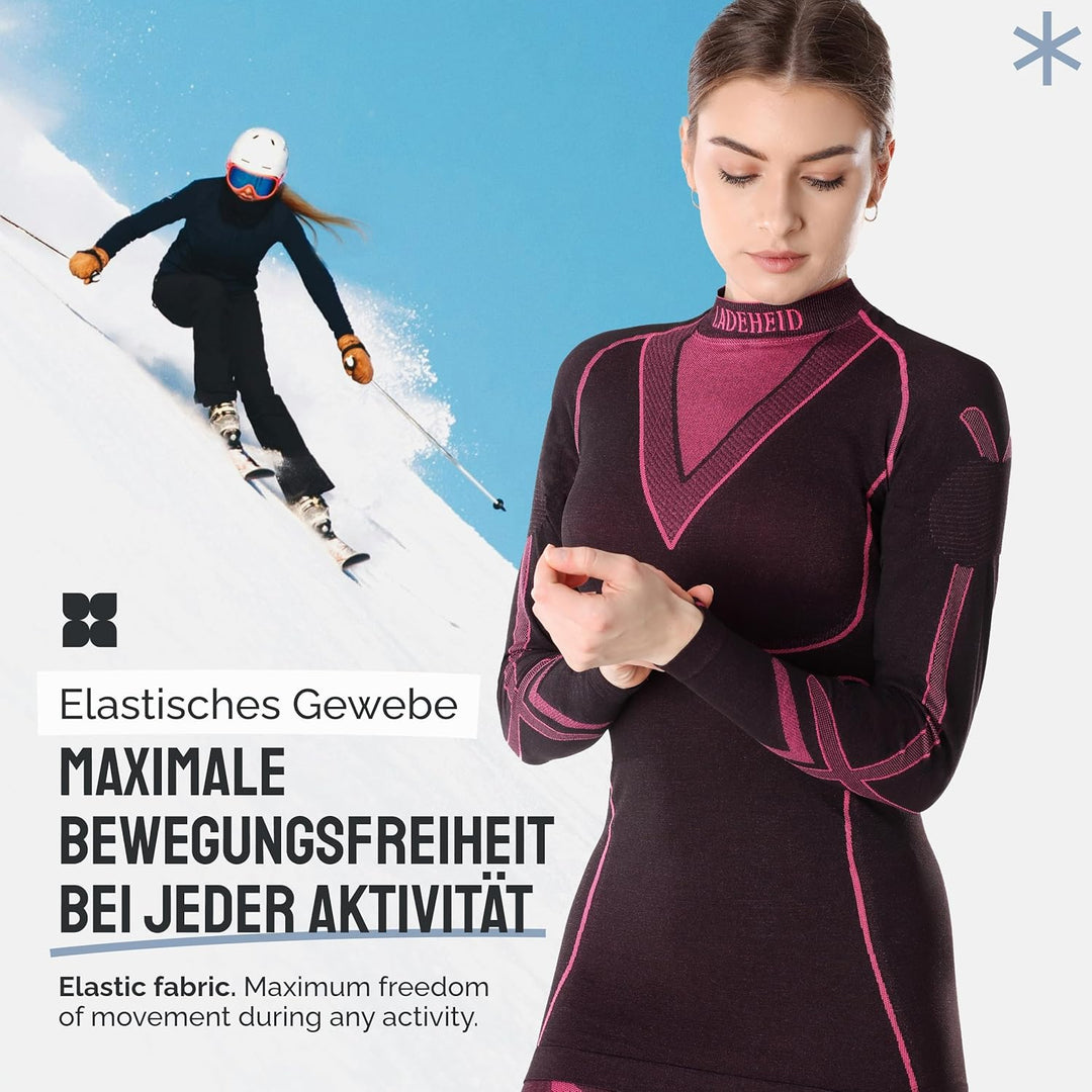 Ladeheid Thermounterwäsche Damen Set Langarm Shirt Lange Unterhose Thermoaktiv LAGI006 L Schwarz/Ros