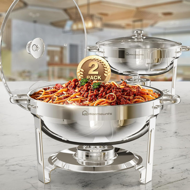 WARMOUNTS Rund Chafing Dish Buffet 2er Set 5L, Speisenwärmer für Catering mit Glasdeckel & Deckelhal