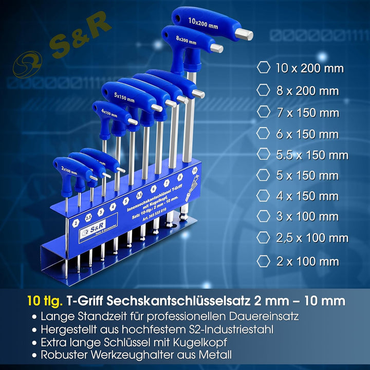 S&amp;R Innensechskantschlüssel Satz HX, S2 Hochleistungsstahl, T-Griff, Kugelkopf, zuverlässiger Korros
