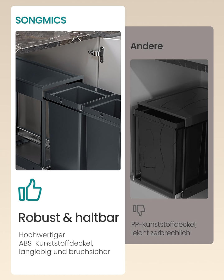 SONGMICS Mülleimer küche, Mülltrennsystem für Unterschrank, 2 x 20 L, Abfalleimer 2 Fächer, ausziehb