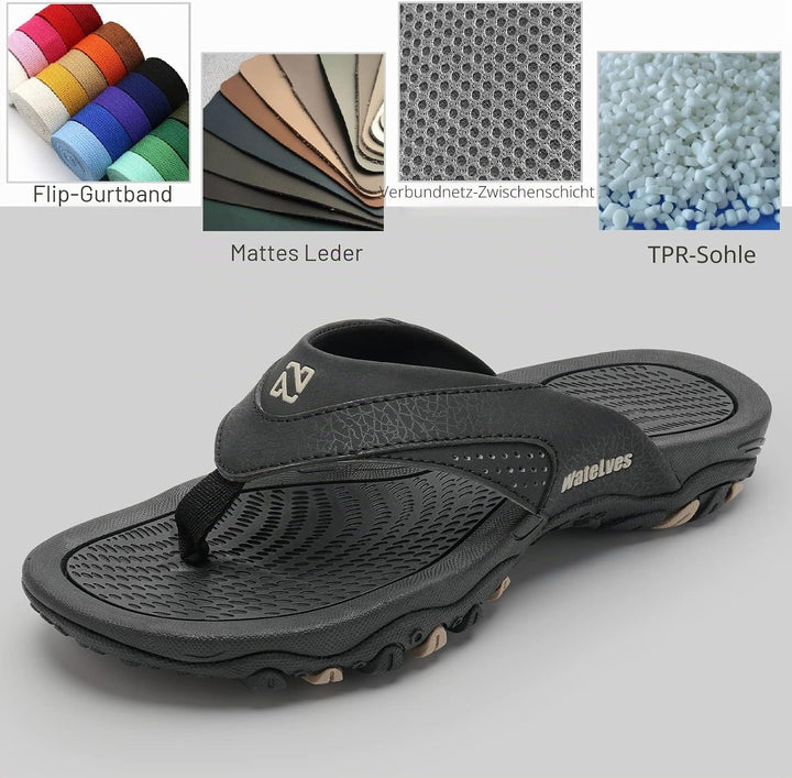 WateLves Herren Flip Flops Zehentrenner Leder mit Arch Support Sandalen Weich Leder Stoff Badelatsch