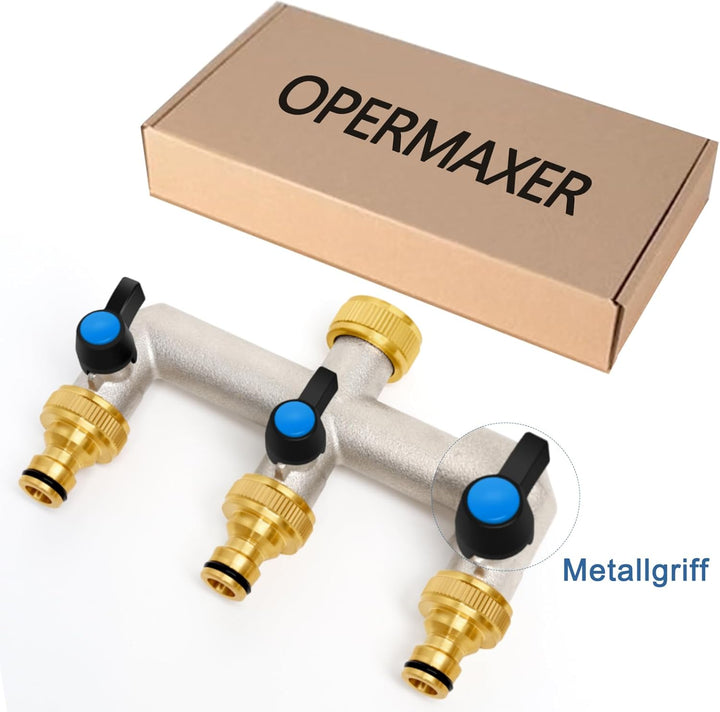 3-Wege Wasserhahn Wasserverteiler aus Messing für 3 Geräte/Gartenschläuche, 3er Verteiler 3/4" Adapt