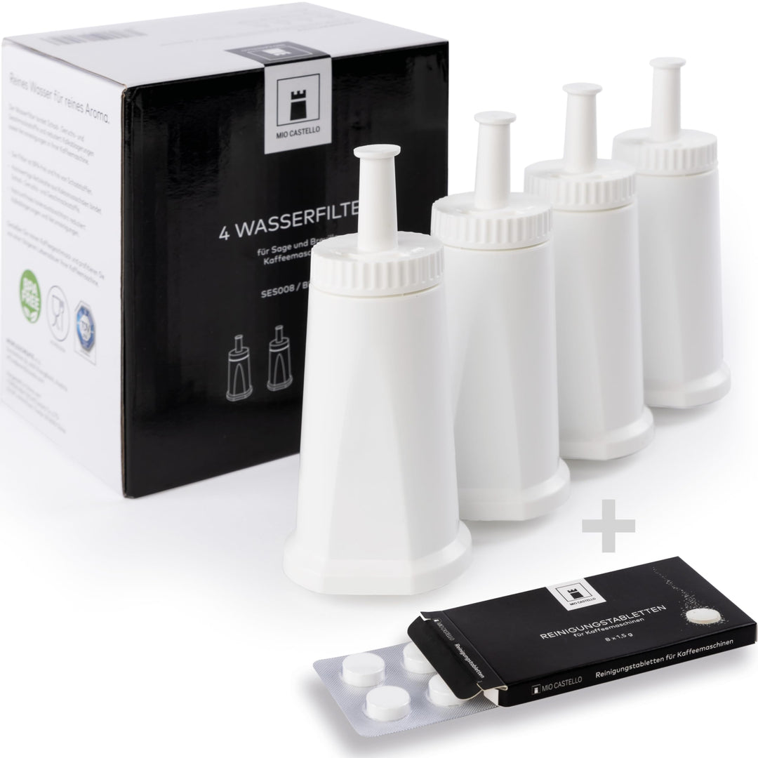 4x Wasserfilter für Sage/Breville + 8x Reinigungstabs – ersetzt SES008 BES008 für die Modelle SES880