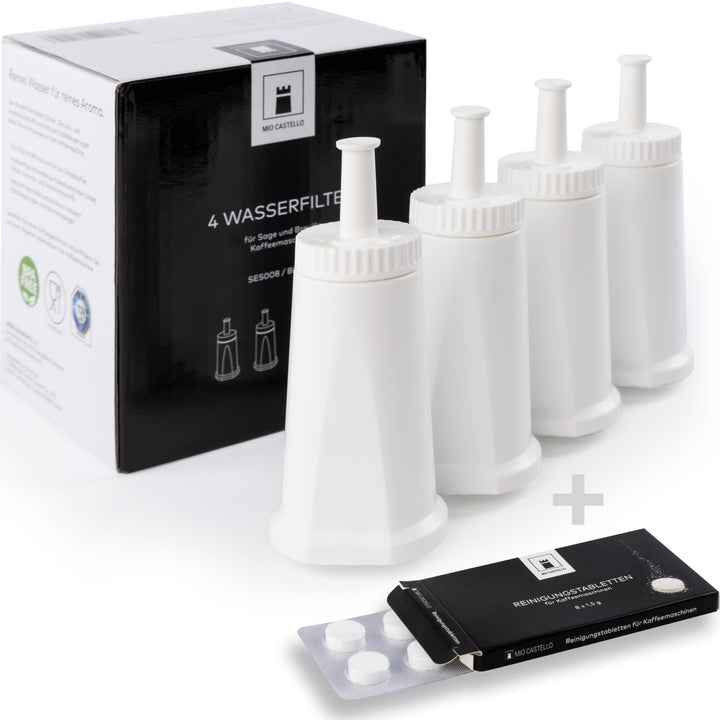 4x Wasserfilter für Sage/Breville + 8x Reinigungstabs – ersetzt SES008 BES008 für die Modelle SES880