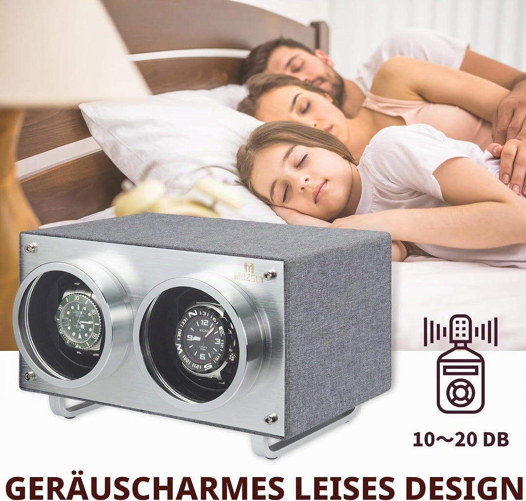 MOZSLY Doppel Uhrenbeweger für Automatikuhren mit leisem Motor Grau Hanf Baumwoll Gewebe, Grau