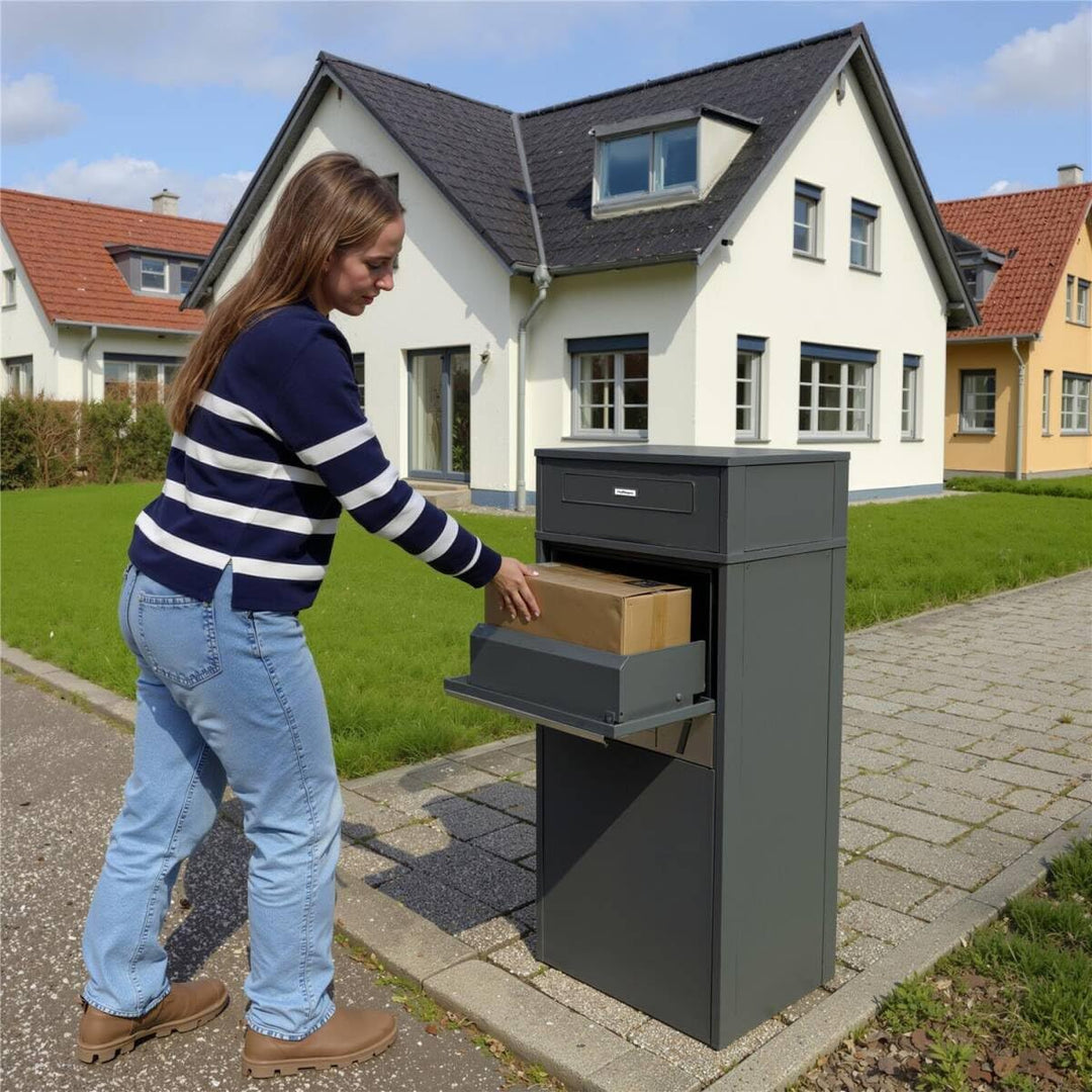 Metzler Briefkasten und Paketbox entnahme hinten, Paketbriefkasten rückseitig mit austauschbarem Nam