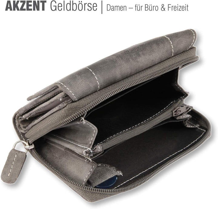 Akzent Damen Geldbörse aus Echtleder Grau Format 14 x 9 cm, Grau