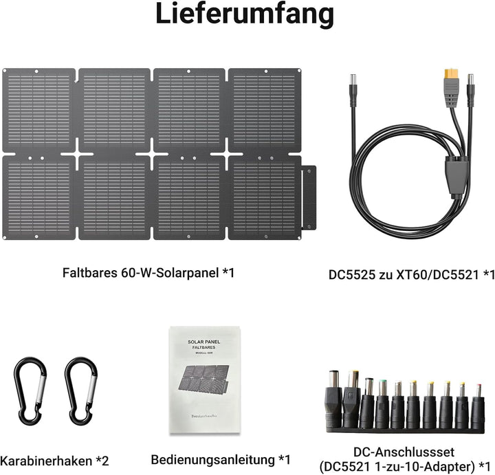 60W Solarpanel Faltbar Solarladegerät mit Standfuss, Tragbares Solar Handy Ladegerät Mit 3 Ports (US