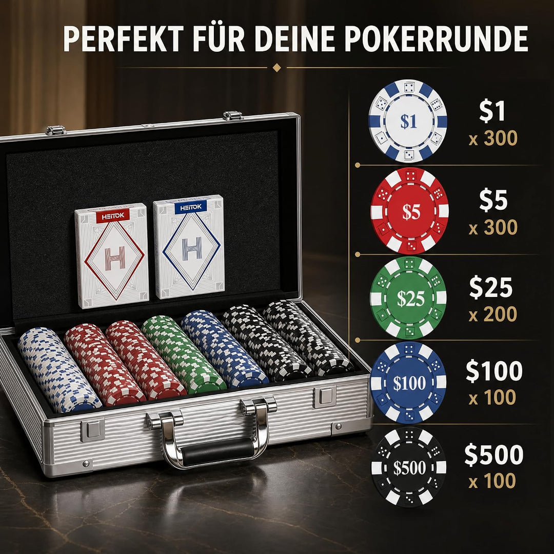HEITOK Profi Pokerkoffer 1000 Chips Set 11,5g | Metallkern Chips im abschliessbaren Alu Koffer | Ink