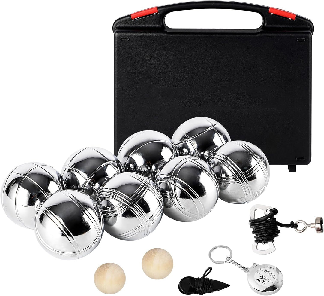 Boule Set 6/8 Metallkugeln mit Hartschalenkoffer–Petanque & Boccia Spiel mit Zielkugel, Abstandsmess