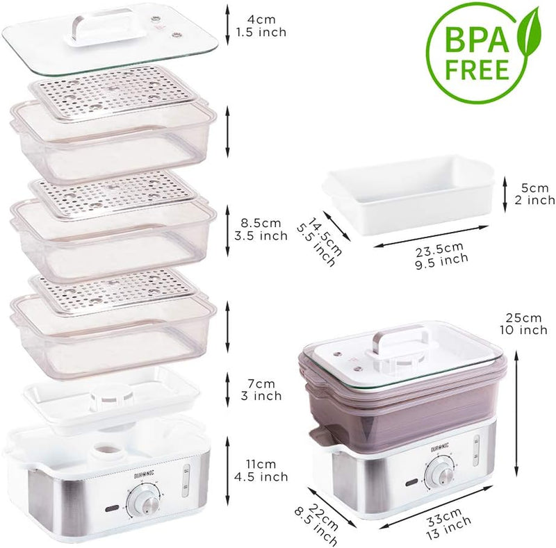 Duronic FS87 Dampfgarer 870 W | 3 Dampfgarbehälter BPA-frei | Wasserstandsanzeige | Reisschale | 10,