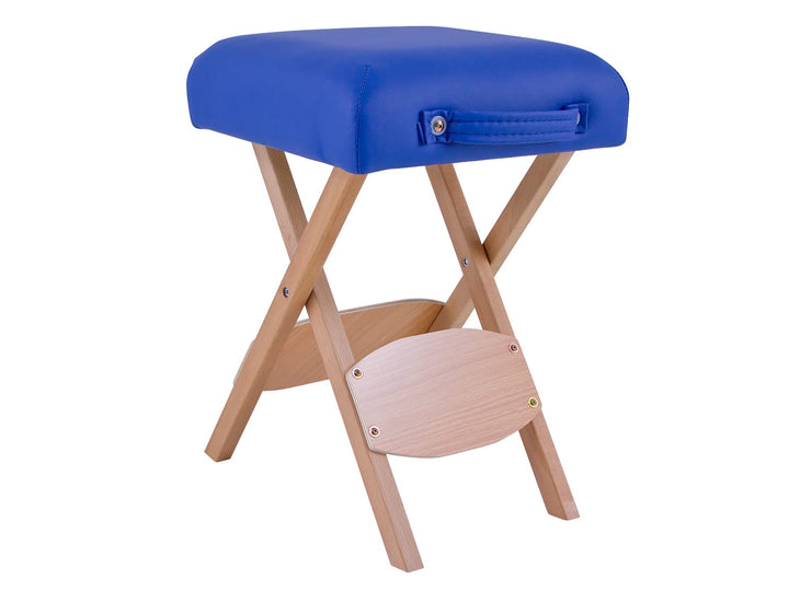QUIRUMED Klapphocker aus Holz mit Sitz, blau gepolstert, vielseitig einsetzbar, Beistelltisch, Fusss