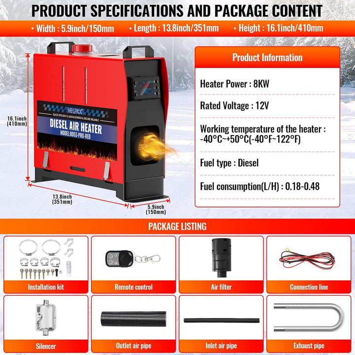VELPAX Air Diesel Heater Auxiliary Heater, 8 kW 12 V Diesel Air Heater, All in One, LCD Switch Displ