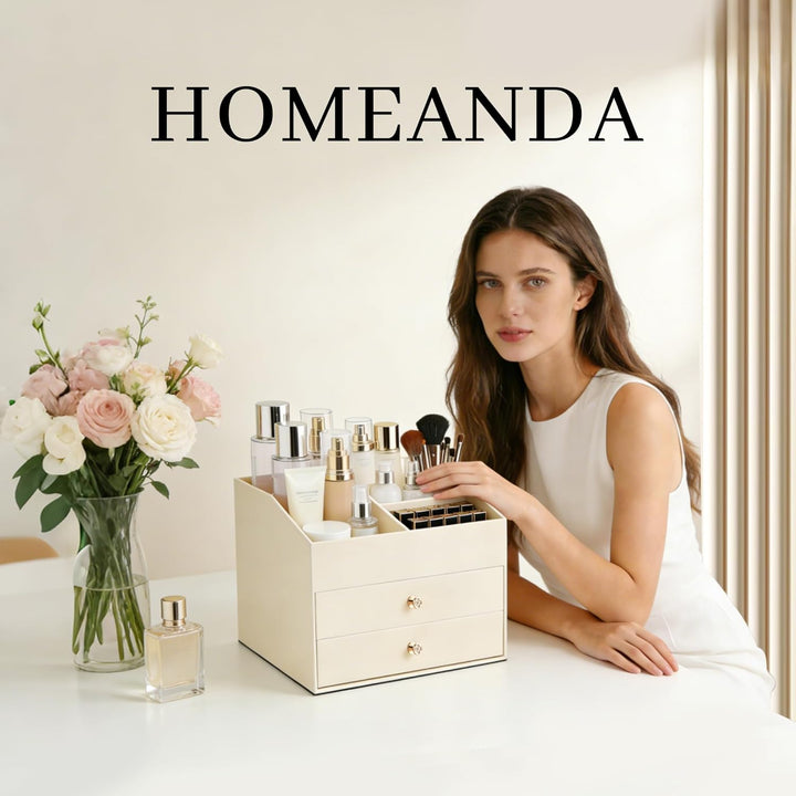 Homeanda Make-up-Organizer aus Kunstleder mit 2 Schubladen – Schreibtisch-Organizer für Kosmetik, Li