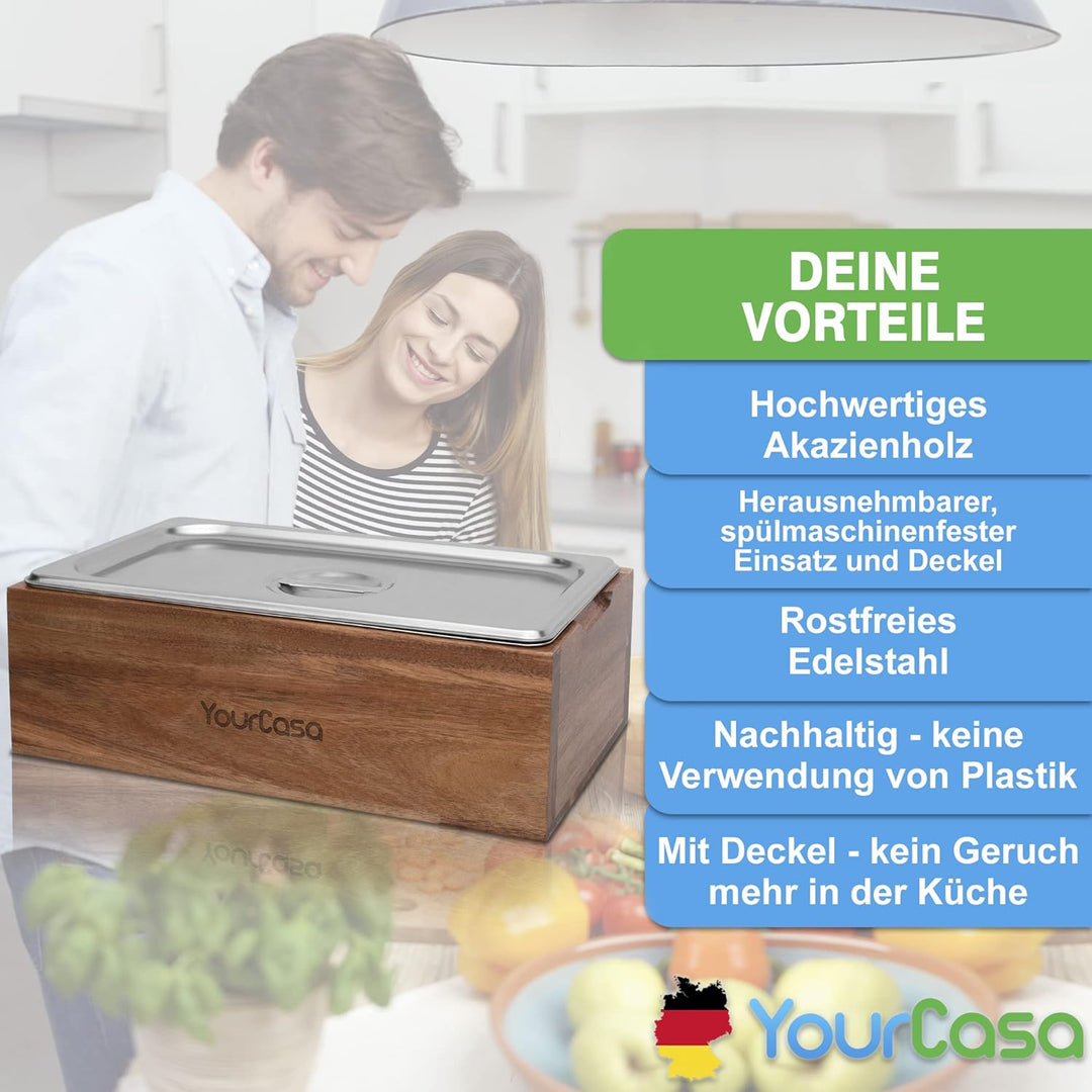 YourCasa® Biomülleimer Küche - Akazien Holz & Edelstahl für alltäglichen Bio Müll - Spülmaschinenfes