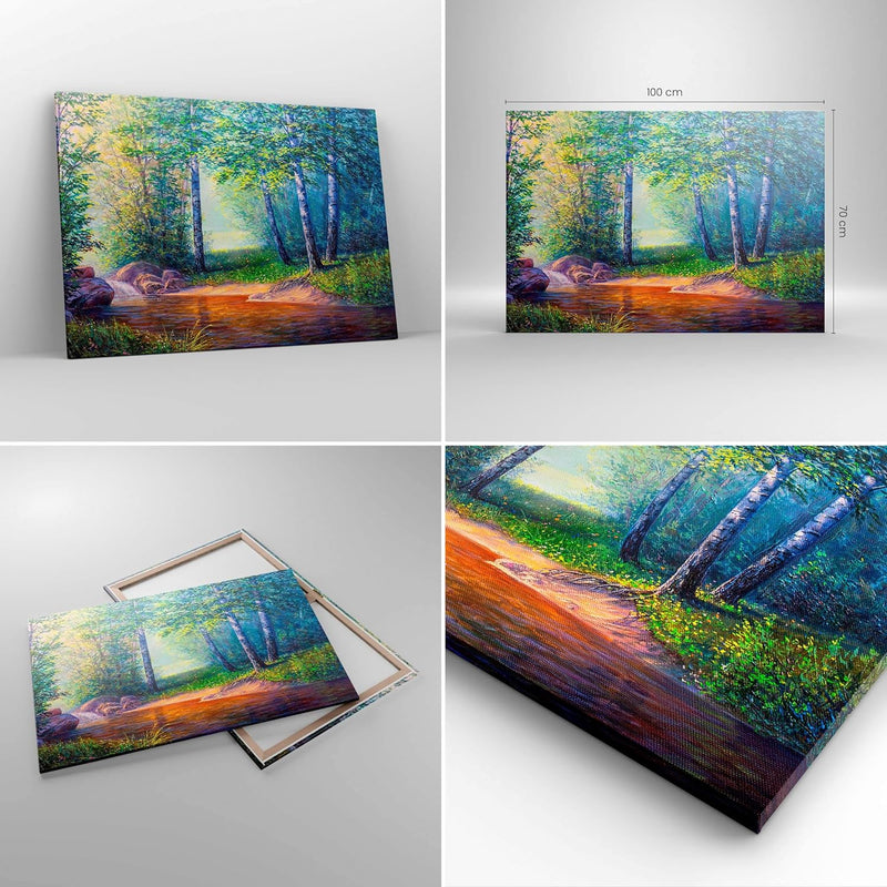 Bilder auf Leinwand 100x70cm Leinwandbild mit Rahmen Wiese Wasser Baum Gross Wanddeko Bild Schlafzim