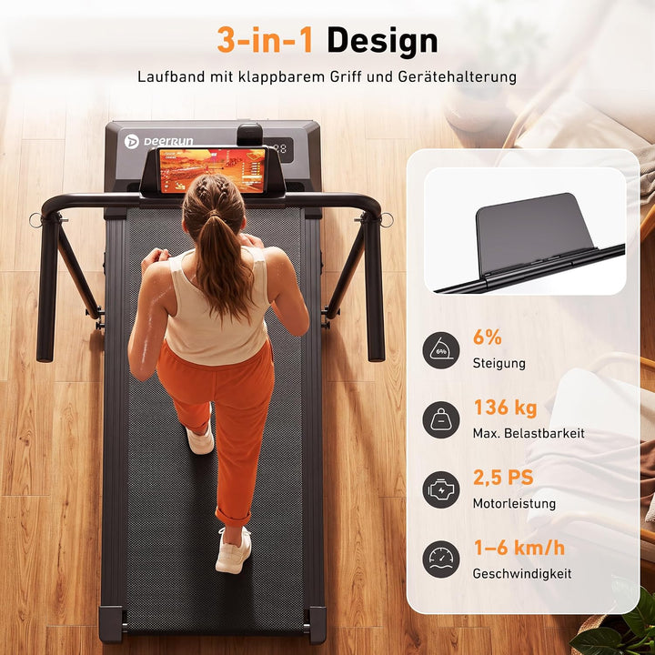 DeerRun Walking Pad mit Steigung,Laufband für Zuhause mit Griff, 2,5 PS, 6 KM/H, max. 136 KG, Walkin