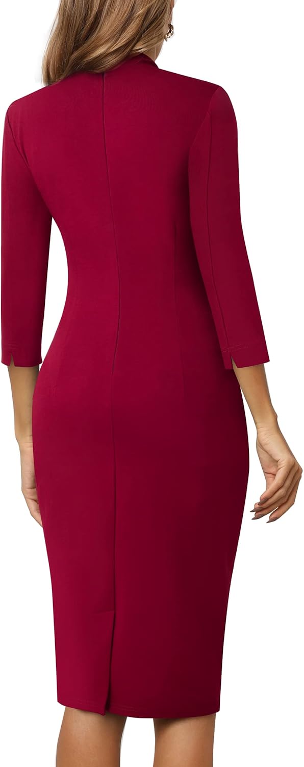 HOMEYEE Damen Elegant V-Ausschnitt 3/4 Ärmel Cocktail Retro Bodycon Bleistiftkleid Business Midi Etu