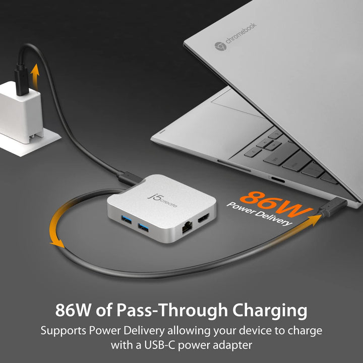 j5create USB C Hub [Funktioniert mit Chromebook Certified] - 4K 60Hz HDMI, 100W PD, 2 x USB-A, Ether