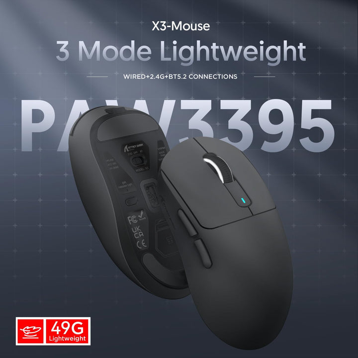 ATTACK SHARK X3 49g Ultraleicht Maus, PixArt PAW3395 Gaming-Sensor, BT/2,4G Kabellose/Kabelgebundene