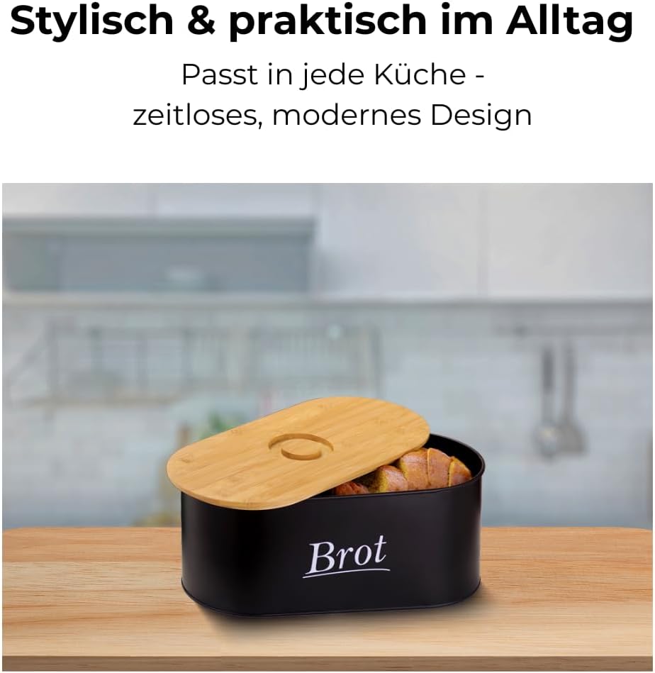 Brotkasten aus Metall mit multifunktionalem Bambusdeckel & Luftlöchern - Brotbox Schwarz für lange F