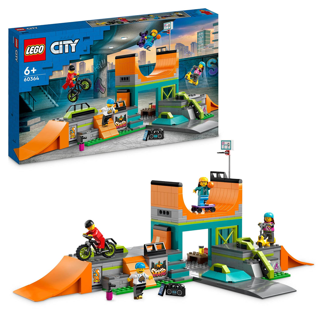 LEGO 60364 City Skaterpark, Spielzeug für Kinder ab 6 Jahren, mit BMX-Rad, Skateboard, Scooter, Inli