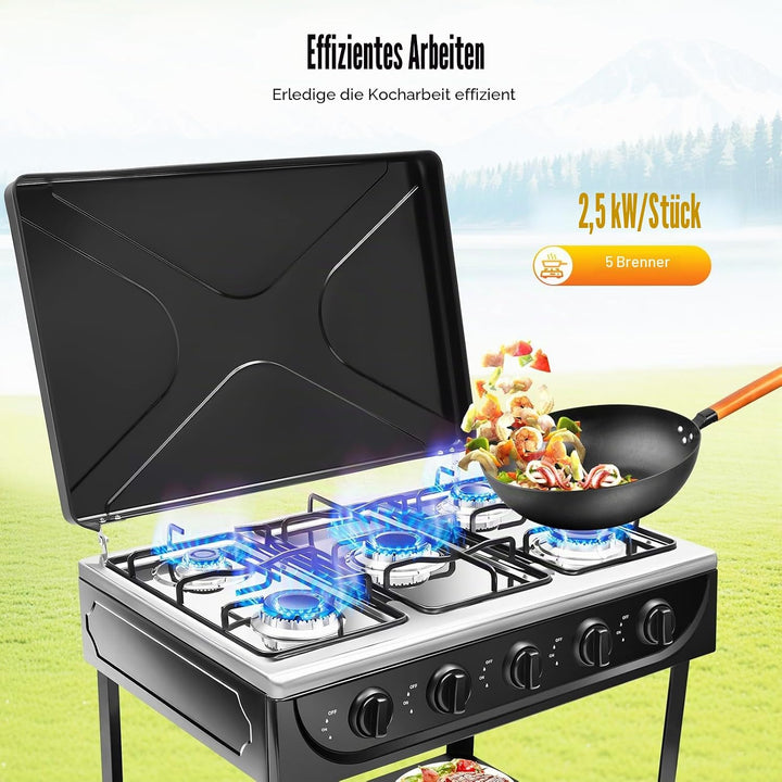 Gasherd 5 Flammen 2 5KW Propan Gaskochfeld Freistehend Outdoor Camping Kochfeld mit Ablageflächen un