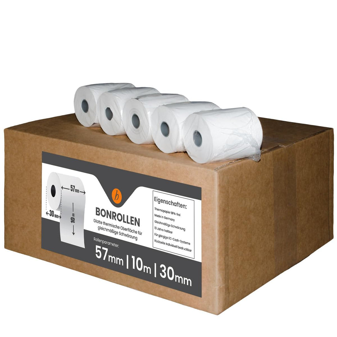 50 Stk. Thermorollen | 57x10x12 mm Ø32mm | Länge: 10 m | BPA frei | für EC Cash Geräte | Thermopapie