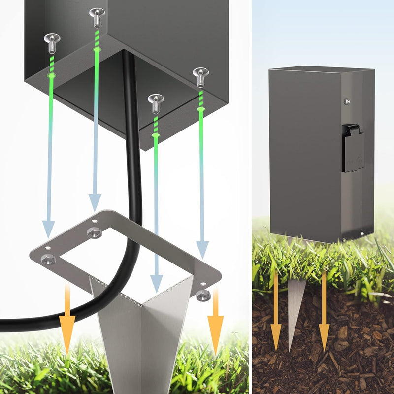 ledscom.de Garten-Steckdosensäule POMI mit Erdspiess und 2m Kabel für aussen, IP44, Dämmerungssensor