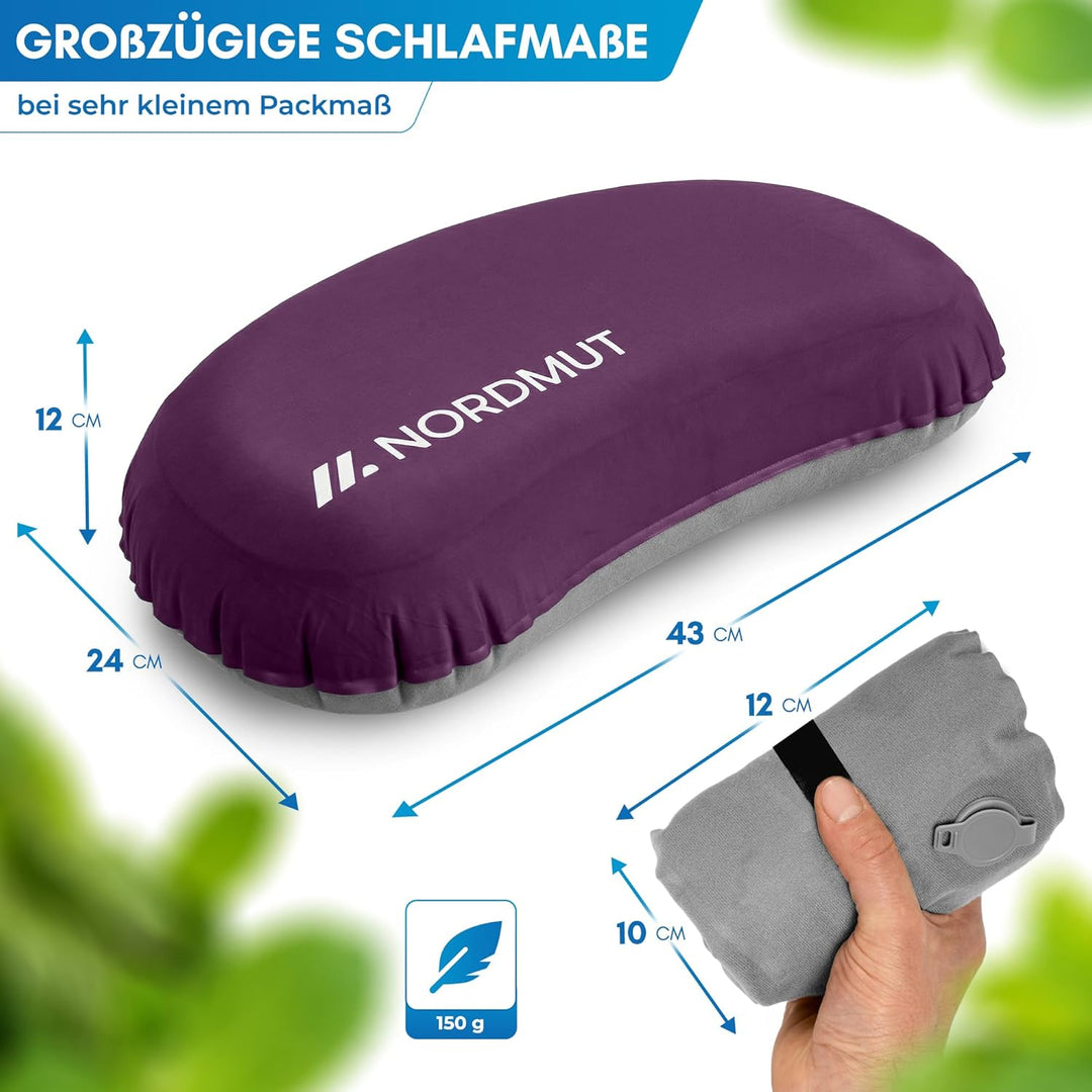NORDMUT® Campingkissen aufblasbar [SoftSleep+] Komfortables Kissen Ultraleicht mit kleinem Packmass