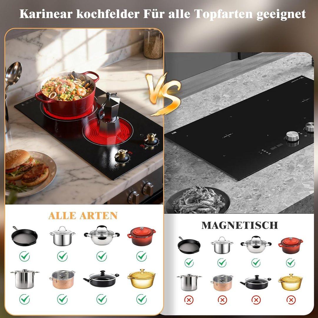Glaskeramikkochfeld 2 Platten mit Stecker, Karinear Kochfeld Doppel Drehknopf, Autarkes 30cm Einbau