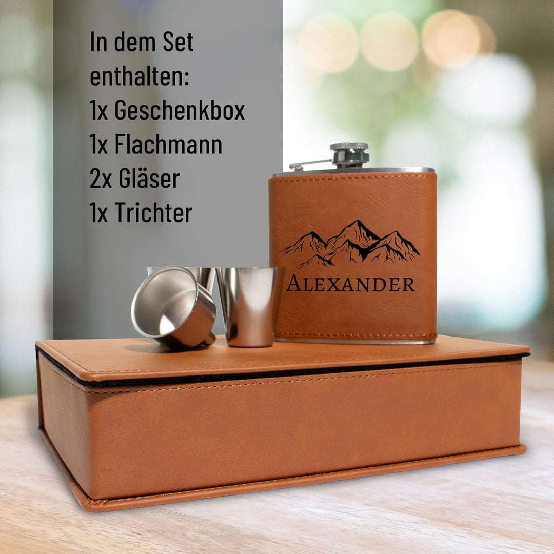 Flachmann Set personalisiert mit Gravur - Berge-Design mit deinem Namen - Edelstahl mit Kunstleder –