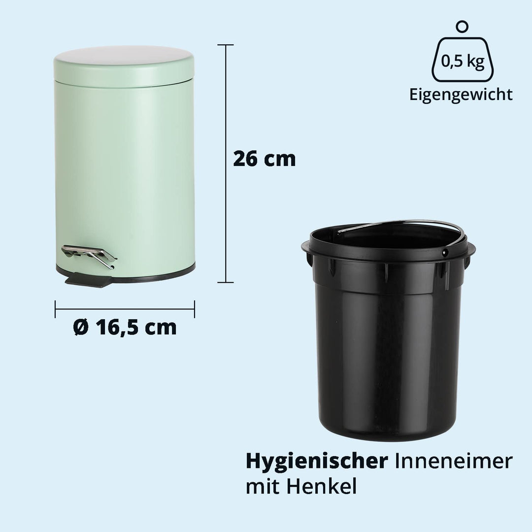 KHG Mülleimer Bad, Kosmetikeimer 3l | Abfalleimer Treteimer aus Aluminium in mattem Mintgrün | herau