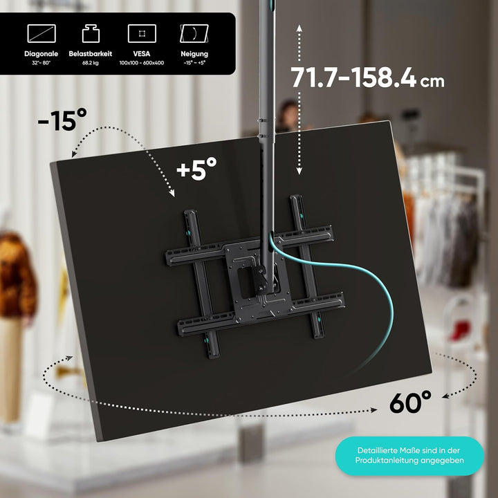 ONKRON TV Deckenhalterung für 32-80 Zoll Fernseher bis 68 kg, Deckenhalterung für Fernseher höhenver