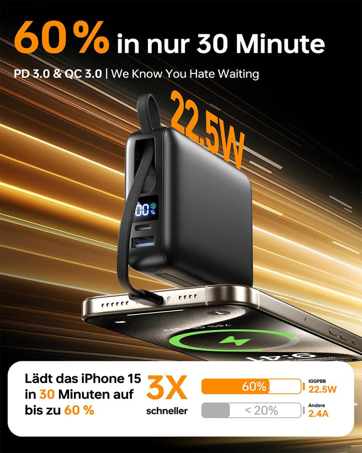 26800mAh Power Bank, PD 22,5W Powerbank mit Integriertem USB C Kabel | Schnellladen Externe Handyakk