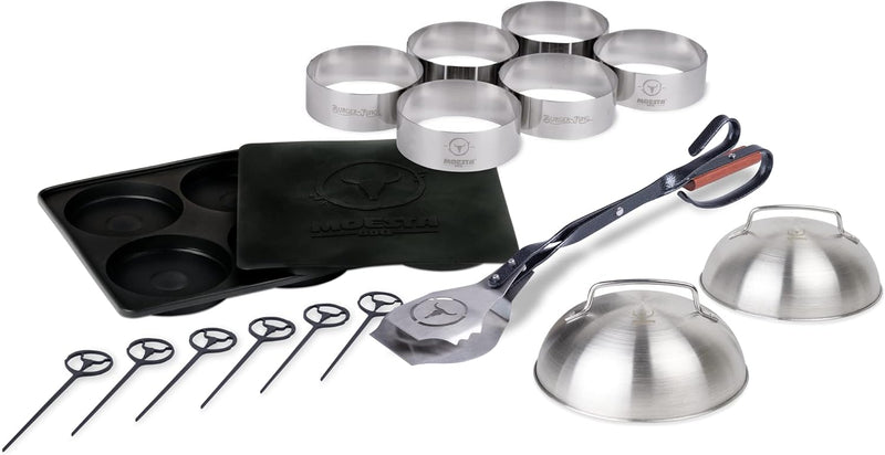 MOESTA-BBQ Burgerset 19749 Ultimate – 16-teilig – Mix mit Presse, Zange, Glocke, Spiess, Ring – Ausr