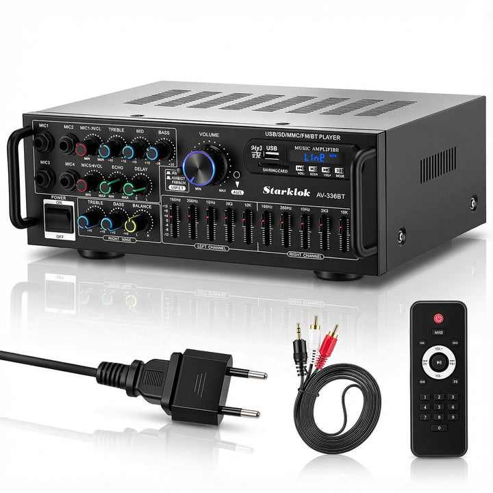 HiFi Verstärker Stereo Bluetooth Verstärker mit Fernbedienung, 2 Kanal Endstufe mit 5-Band-EQ, HiFi
