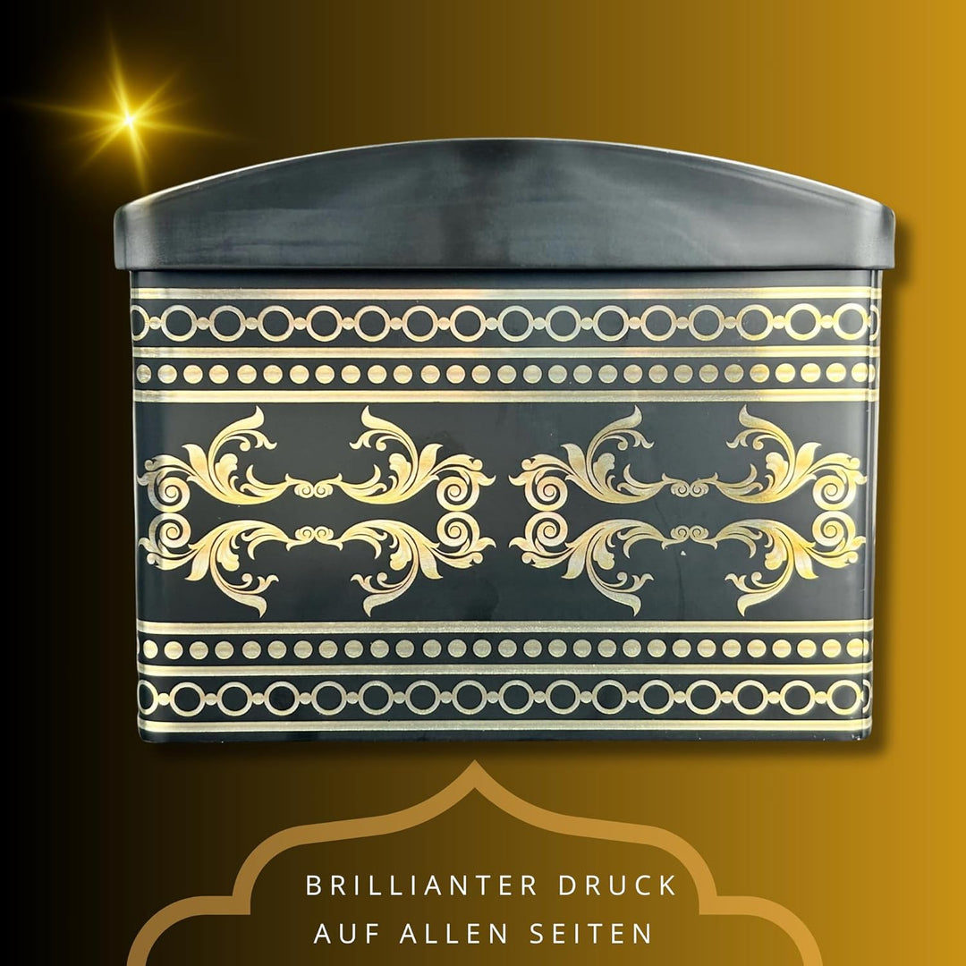 Grosse Ornament Truhe - schwarze Stollendose mit goldfarbenen Ornamenten - lebensmittelecht - Aufbew