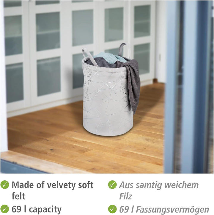 WENKO Wäschesammler Samira, runde Wäschetonne aus samtig weichem Filz in Grau mit schillerndem Silbe