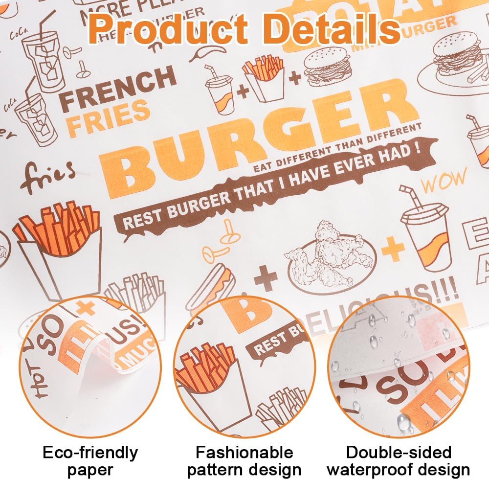 100 Blatt Burgerpapier Fettdicht, 36 x 26 cm Käsepapier, Wasserdicht und öl Wachspapier, Butterbrotp